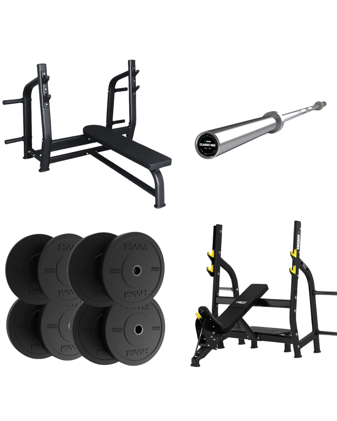 PACK: BANCO OL PLANO,  BANCO OL INCL,  100KG DISCOS OL BUMPER ECO,  BARRA OL 20KG